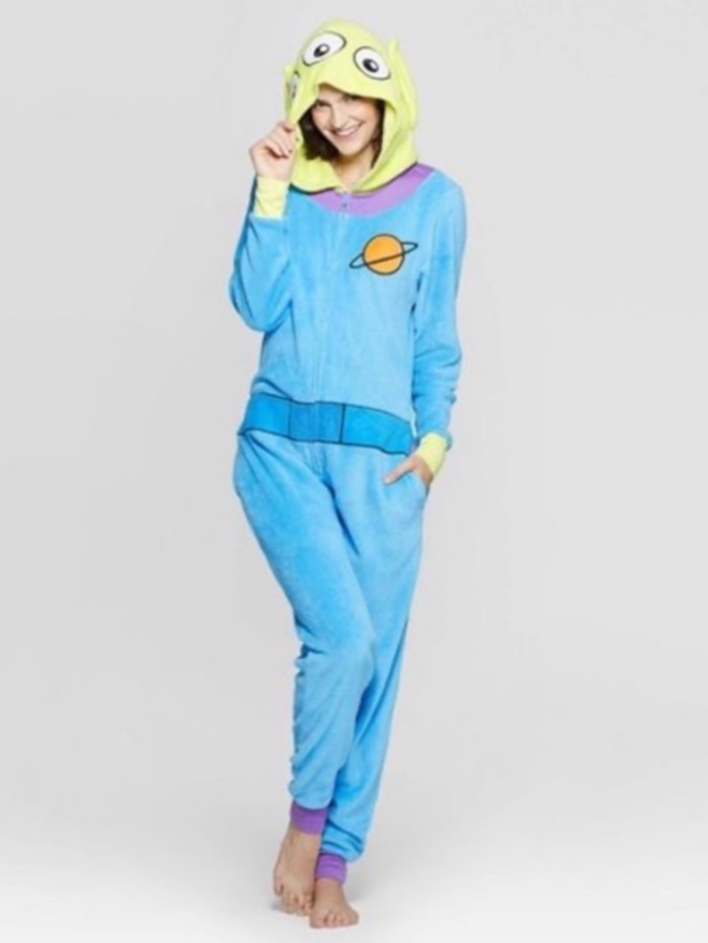 Toy Story Blue Alien Hooded Women's Cozy Fleece Pajama Onesie. Size S/M.